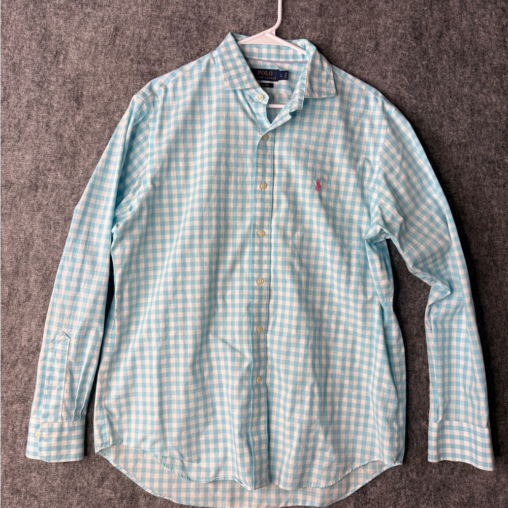 Polo Ralph Lauren Men’s L Gingham Check Shirt Blue White Long Sleeve Pink Pony